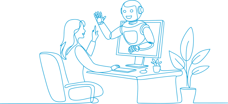 Line art of a woman sitting at a desktop computer. She waves as a robot pops out of the monitor.