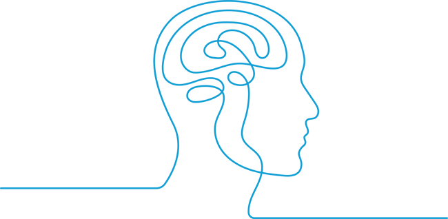 Line art of a person’s profile. A brain shows through like a cross-section.