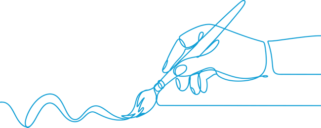 Line art of a hand holding a wet paintbrush. The paint trails off the left side.