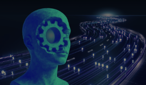 A gear juts out of a sculpted head, looking out over a stream of data